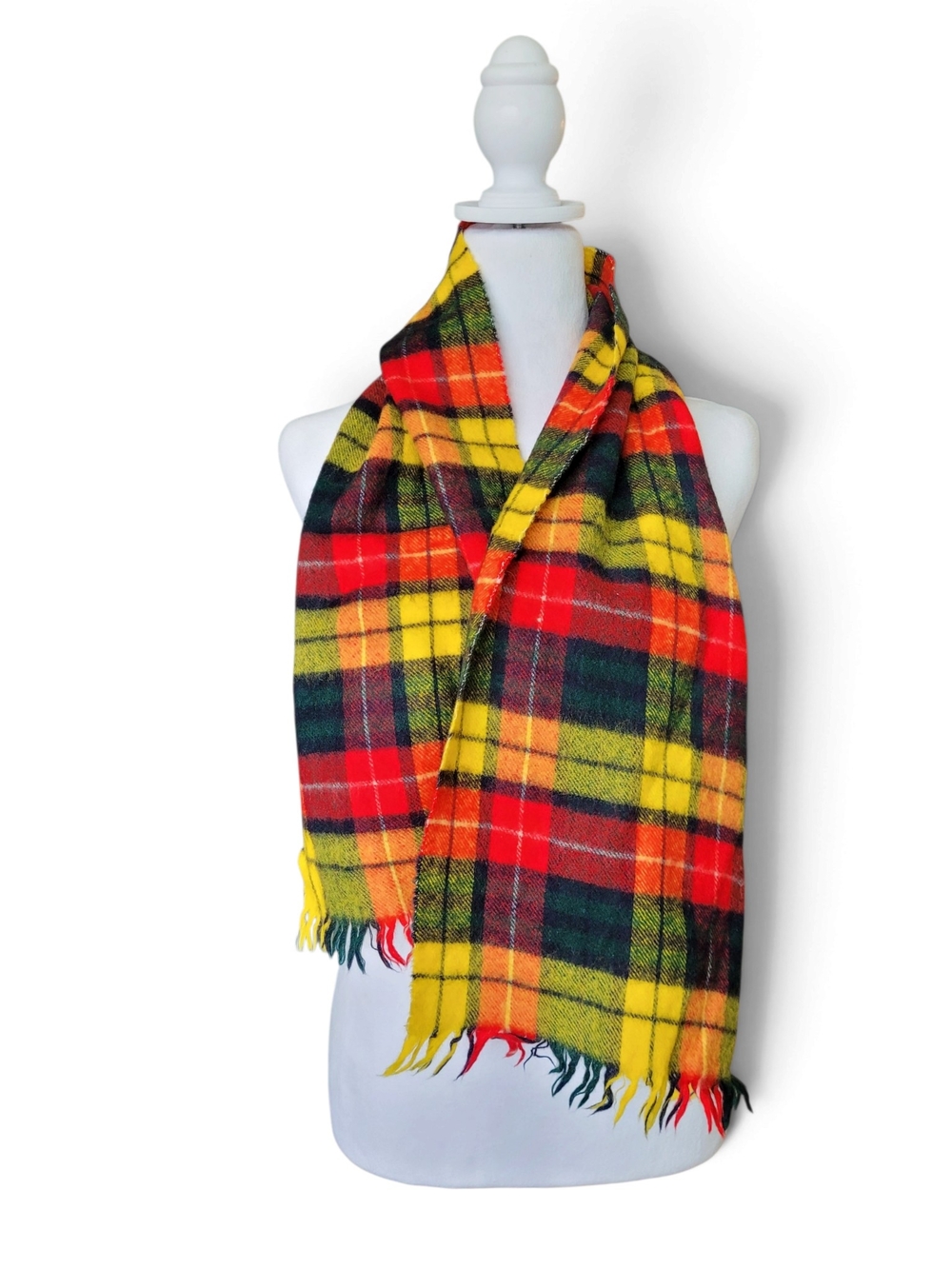 Vintage Plaid Wool Scarf With Fringe Bright Multicolor Red Green Yellow